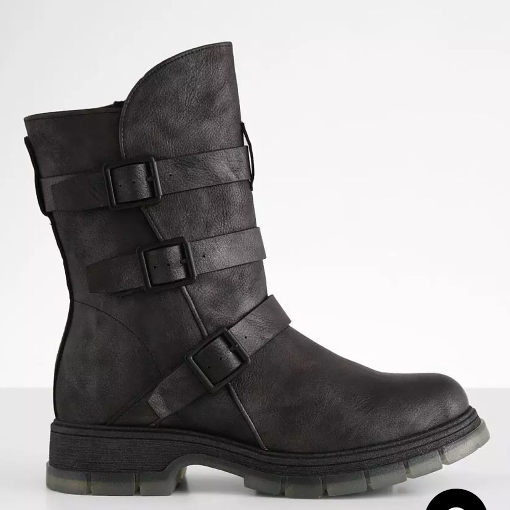 MIA Black Metallic faux leather side buckle boot, side zip, black, 7, never worn